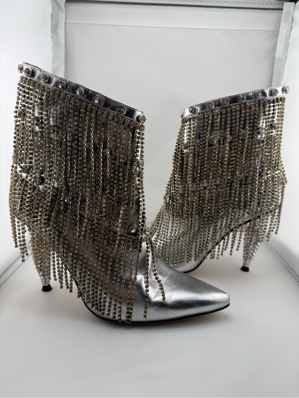 AZALEA WANG Silver Embellished Pointed-Toe Ankle Boots - Picture 3 of 11